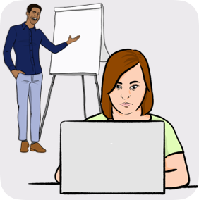 Man giving a presentation and a woman in front of her pc